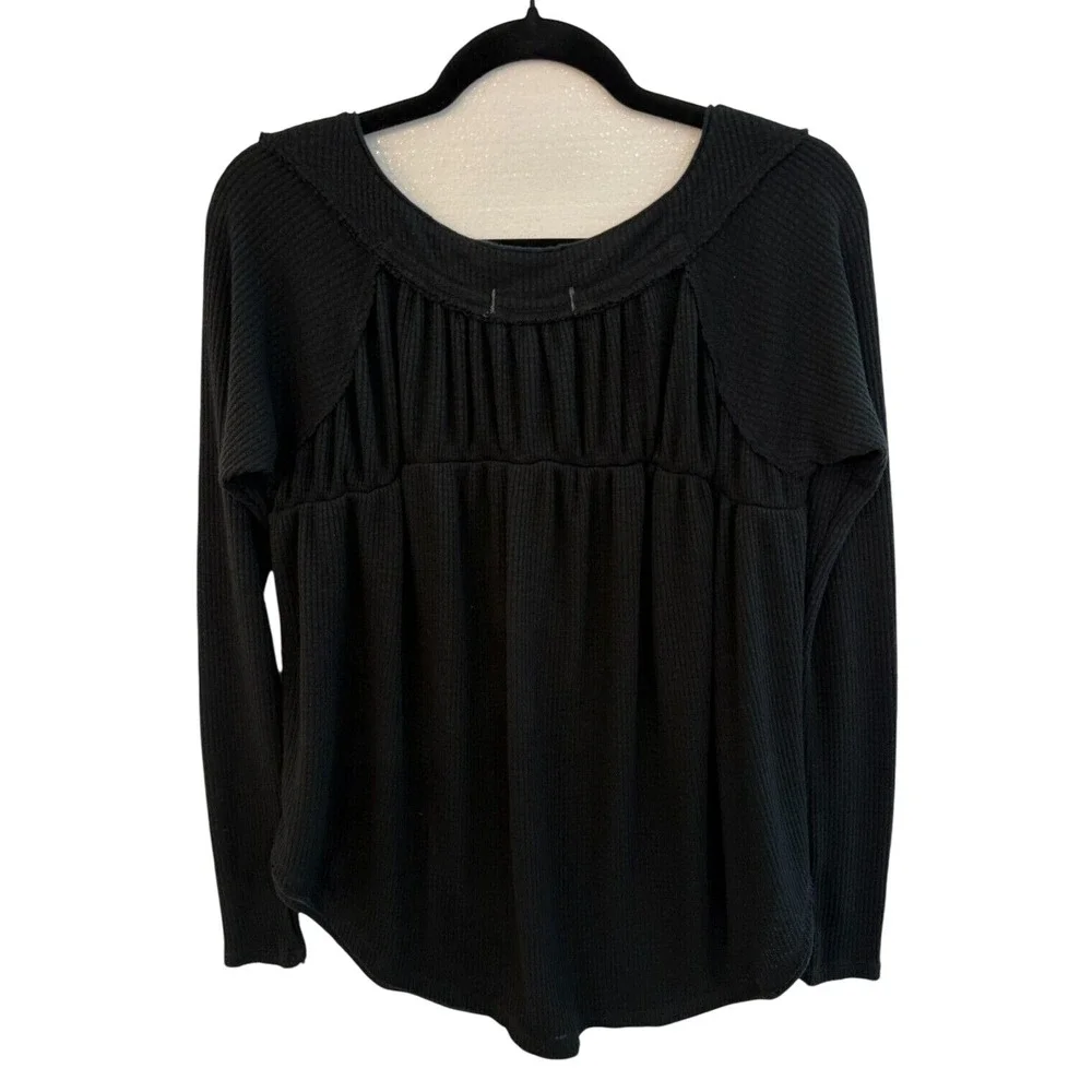 Free People Size XS Black Long Sleeve Callisto Henley Waffle Knit‎ Tunic Top